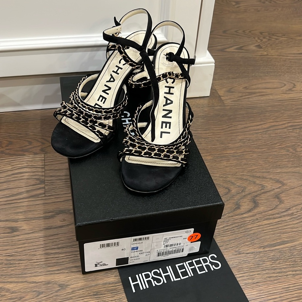 Authentic black suede Chanel sandals. 19p collection.  Purchased at Hirshleifers